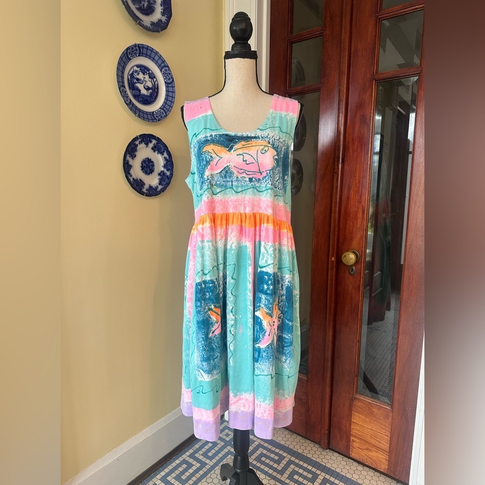 VTG 80s Hand Painted Fish & Starfish Sun Dress | Tropical Coastal Midi, Size L